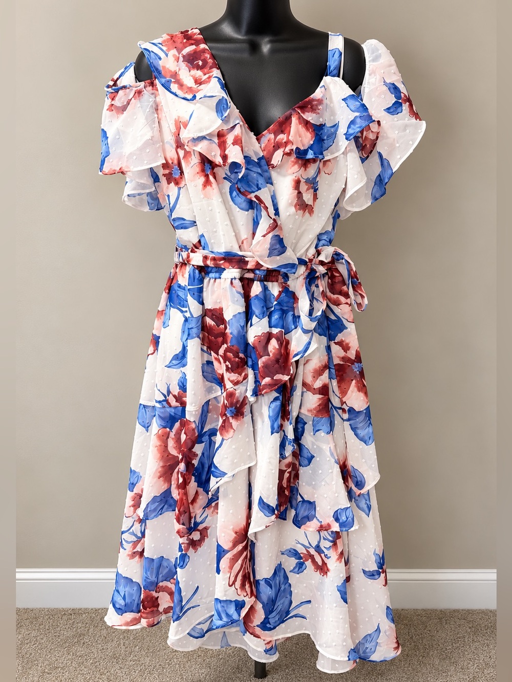 NWT Lane Bryant 22 Floral Cold Shoulder Ruffle Midi Dress Belted